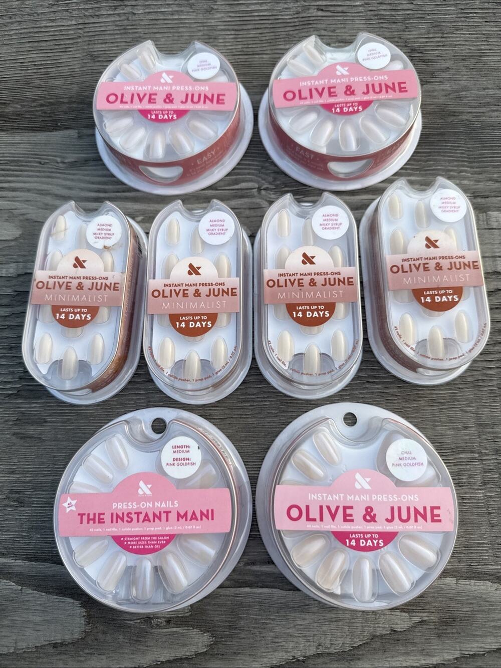 Lot of 8 Olive & June Press-On Nails Mixed Styles Minimalist Almond Medium